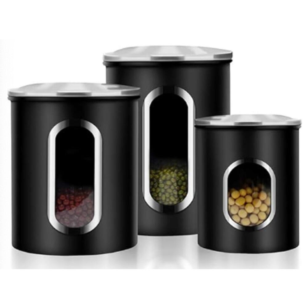 3 Piece Window Canisters Set, Food Container with Lids for Counter- Black